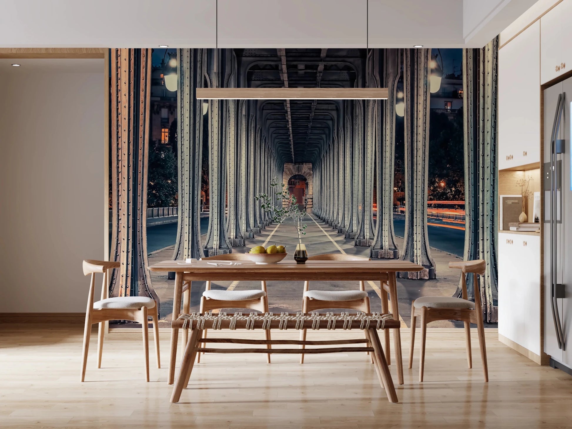 Atmospheric French city mural with glowing lamps.