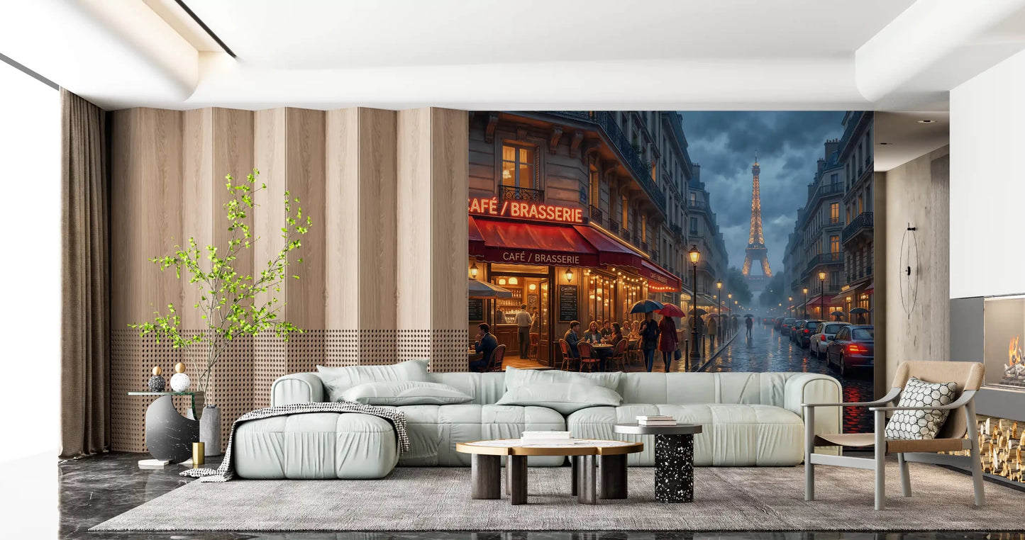 Lounge corner finished with the Parisian Glow wall mural in soft golden lightGD9508