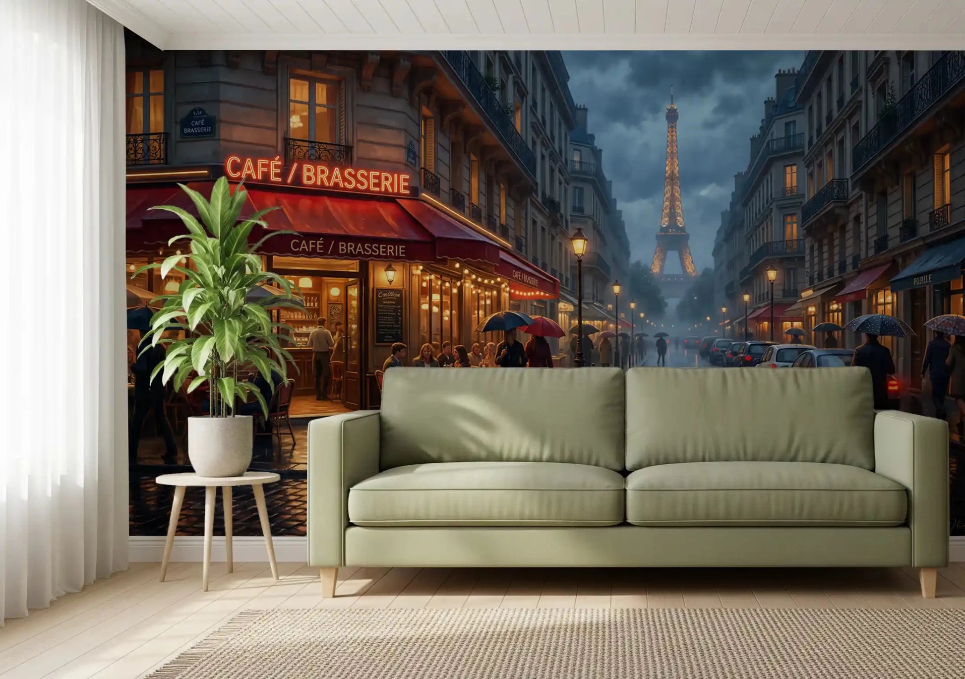 Striped awnings and lit windows warm up the cobblestone cafe wall mural scene
GD9508