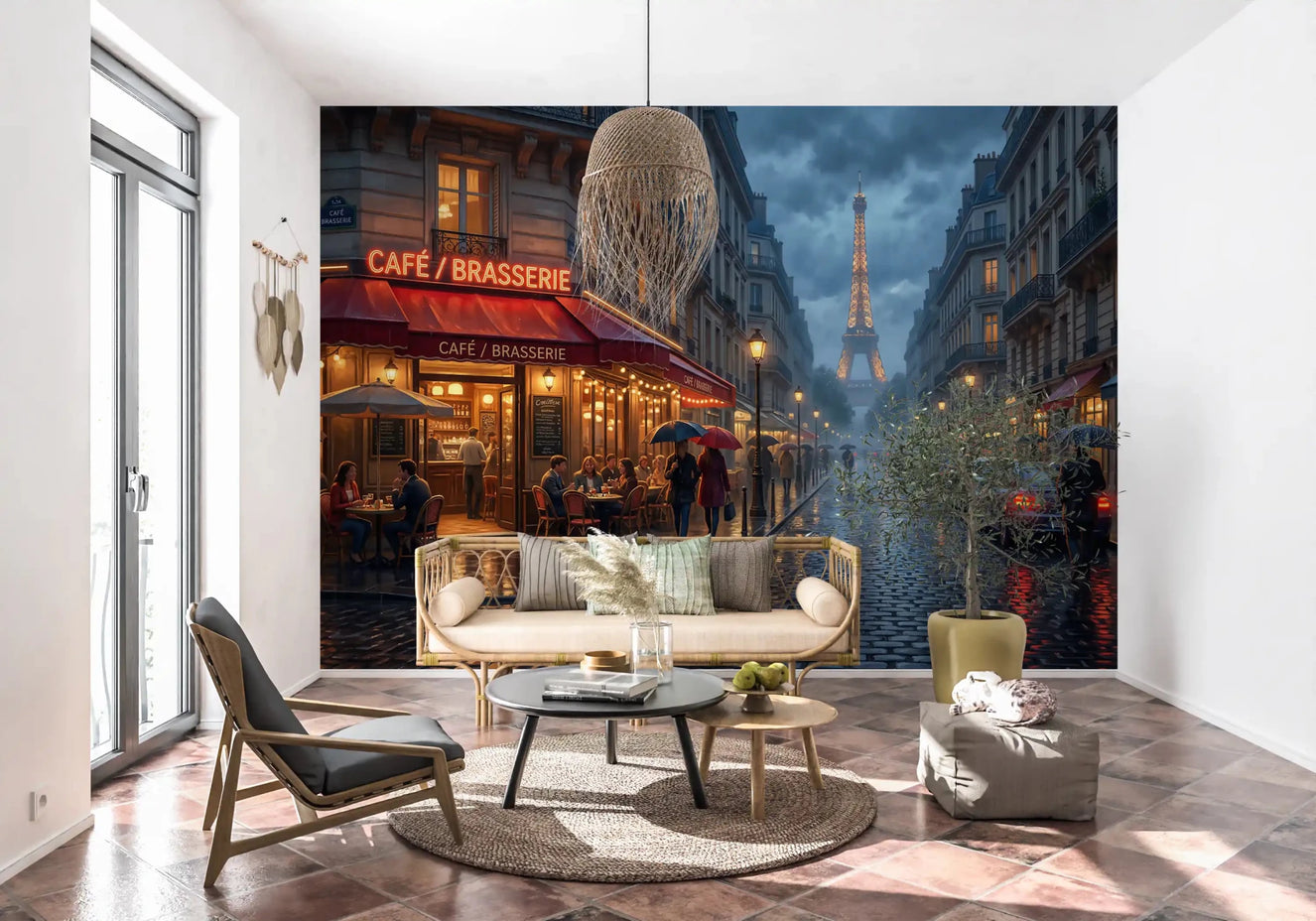 Living room shows the rainy Paris café scene as a full-width wall muralGD9508