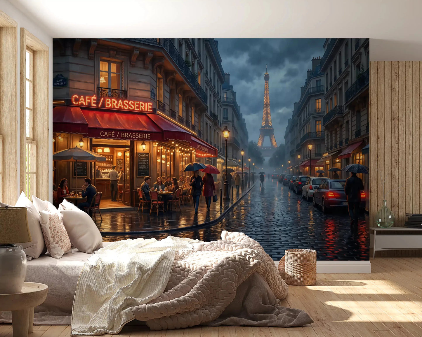 Bedroom framed by the glowing café and Eiffel Tower wall muralGD9508