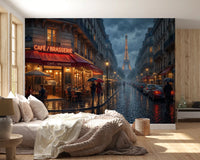 Bedroom framed by the glowing café and Eiffel Tower wall muralGD9508