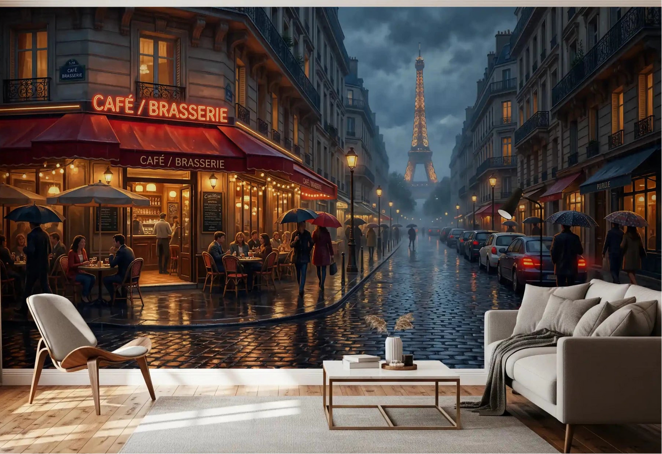 Lounge opens onto a rainy Paris street through this Parisian wall mural
GD9508