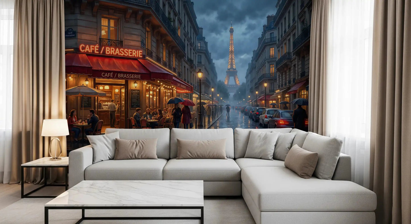 Red café glows along a wet cobblestone street on this Parisian wall mural
GD9508