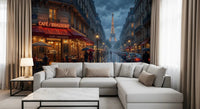Red café glows along a wet cobblestone street on this Parisian wall mural
GD9508