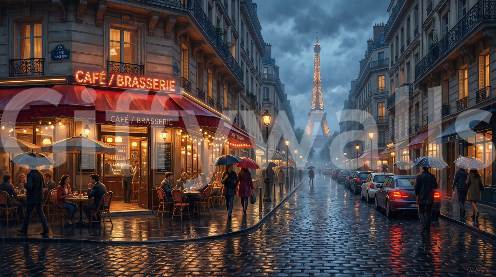 Umbrellas dot the rainy street outside the café in this Parisian wall mural
GD9508