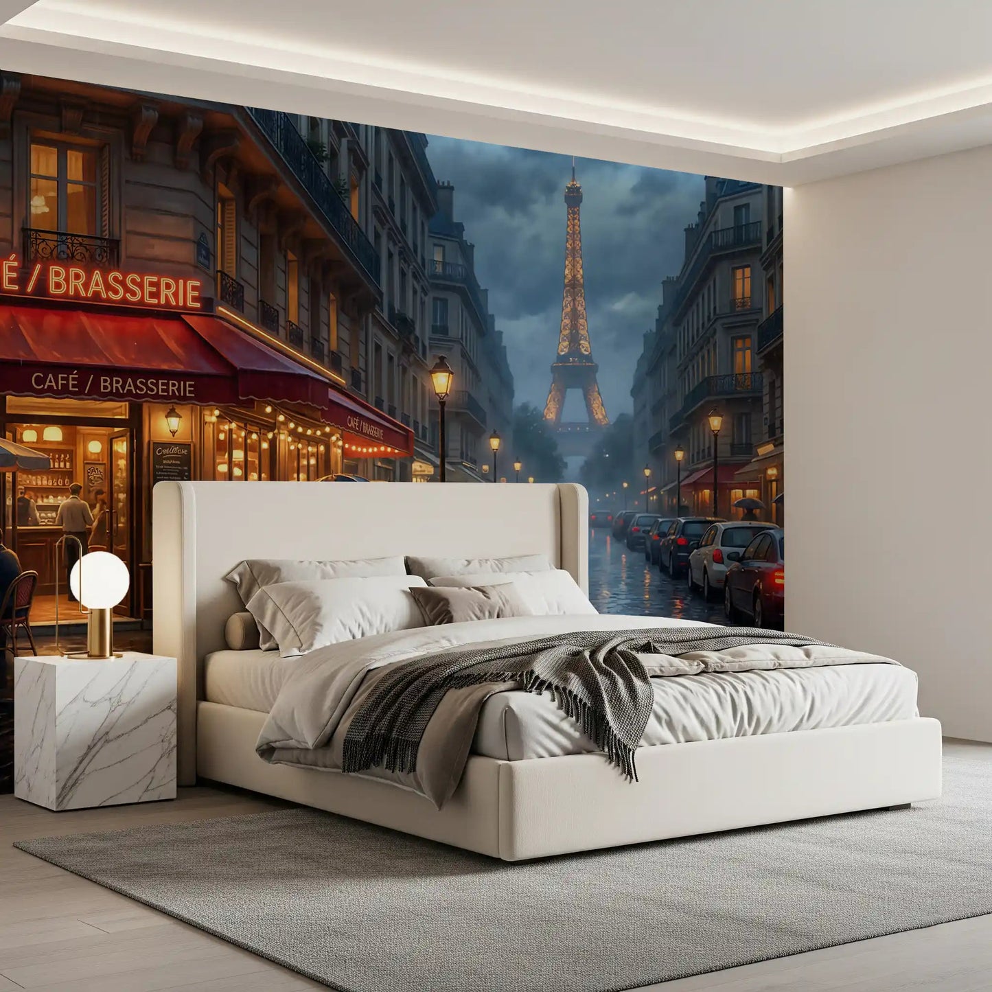 Bedroom holds the Parisian Glow café wall mural in a moody evening tone
GD9508