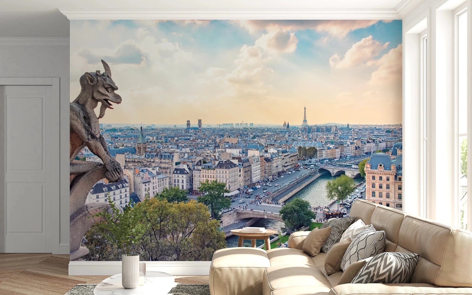 Gothic architecture wallpaper for bedroom showcasing stone figure.