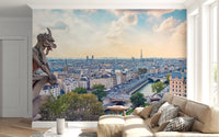 Gothic architecture wallpaper for bedroom showcasing stone figure.