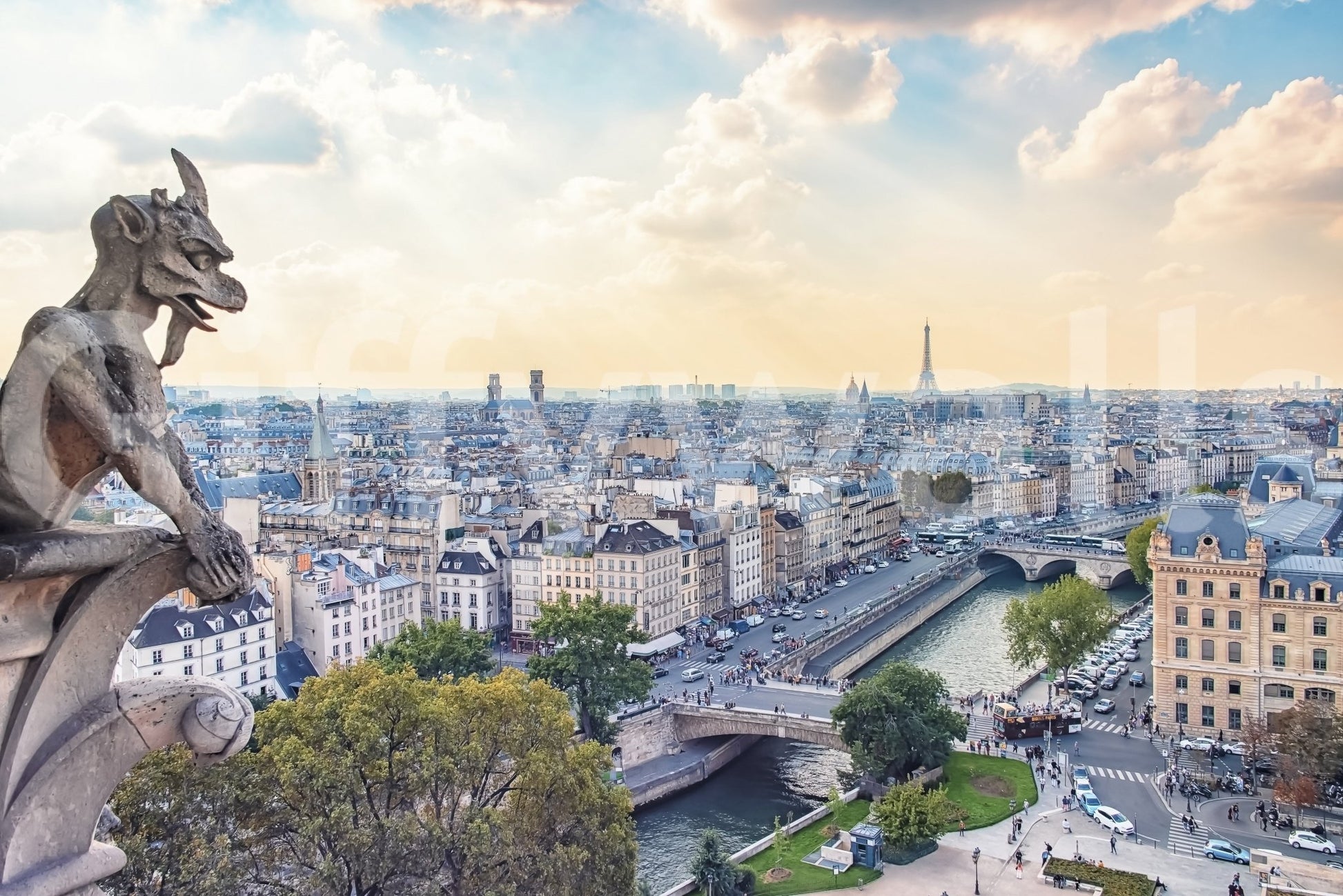 Wide city wallpaper featuring historic stone carving wall mural.