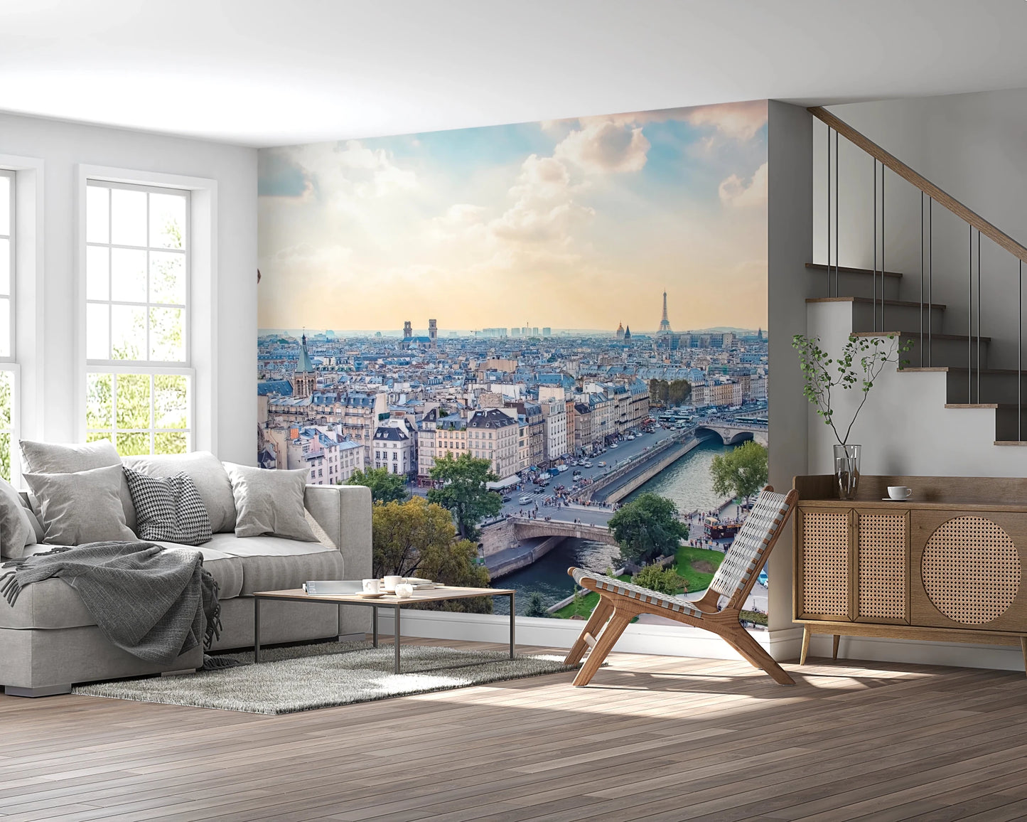 Winding river and city building wallpaper mural for feature wall.