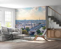Winding river and city building wallpaper mural for feature wall.
