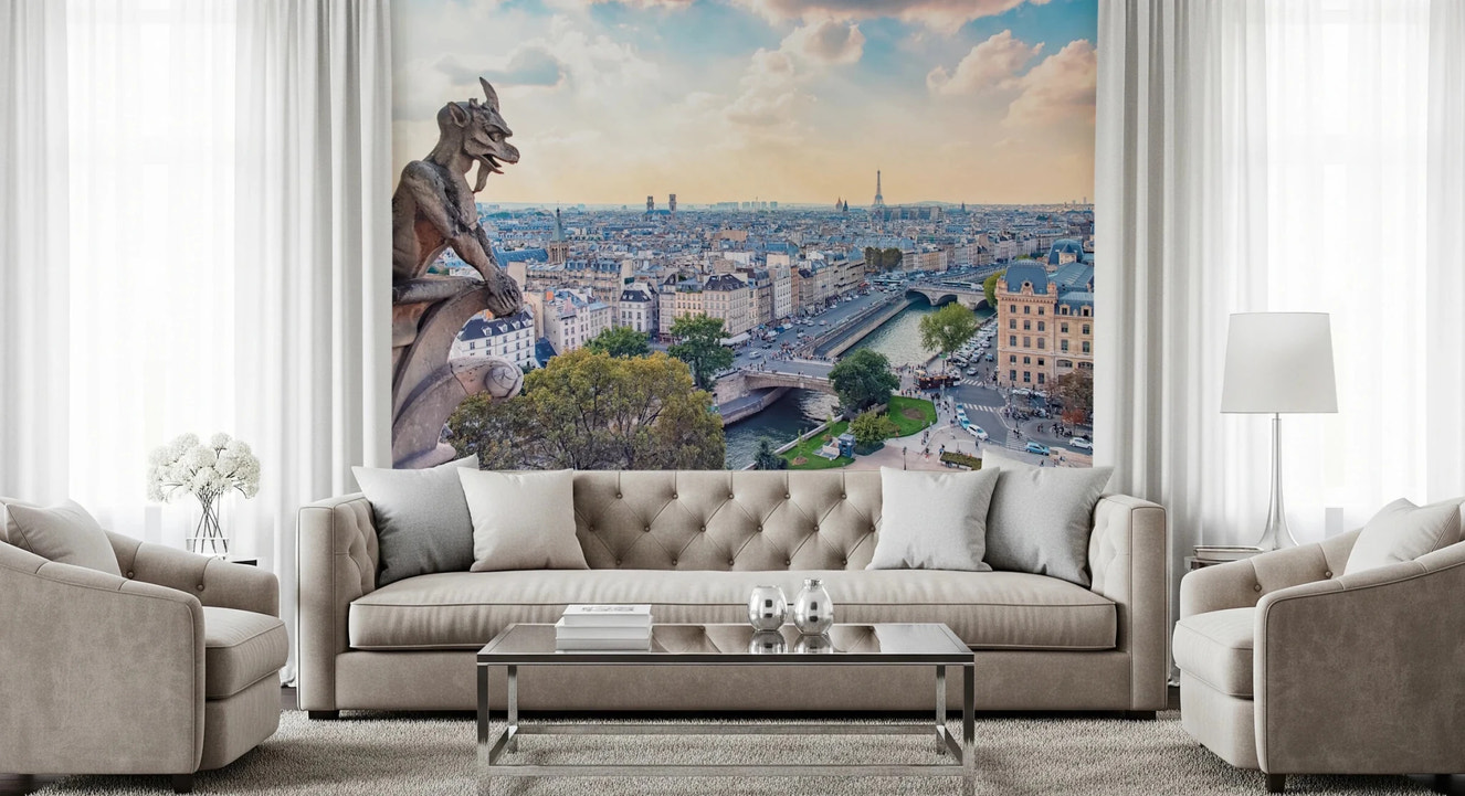 Watchful Parisian Guardian Wall Mural with gargoyle city view wallpaper.