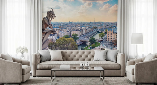 Watchful Parisian Guardian Wall Mural with gargoyle city view wallpaper., GD8291