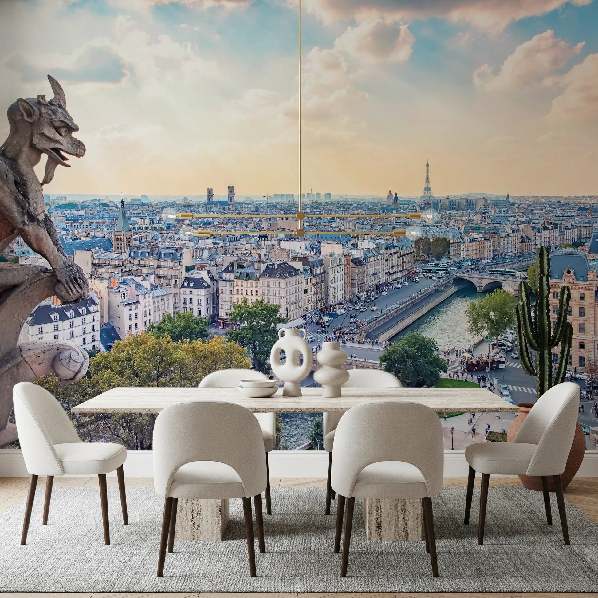 Panoramic bird's eye view wallpaper featuring cathedral statue.
