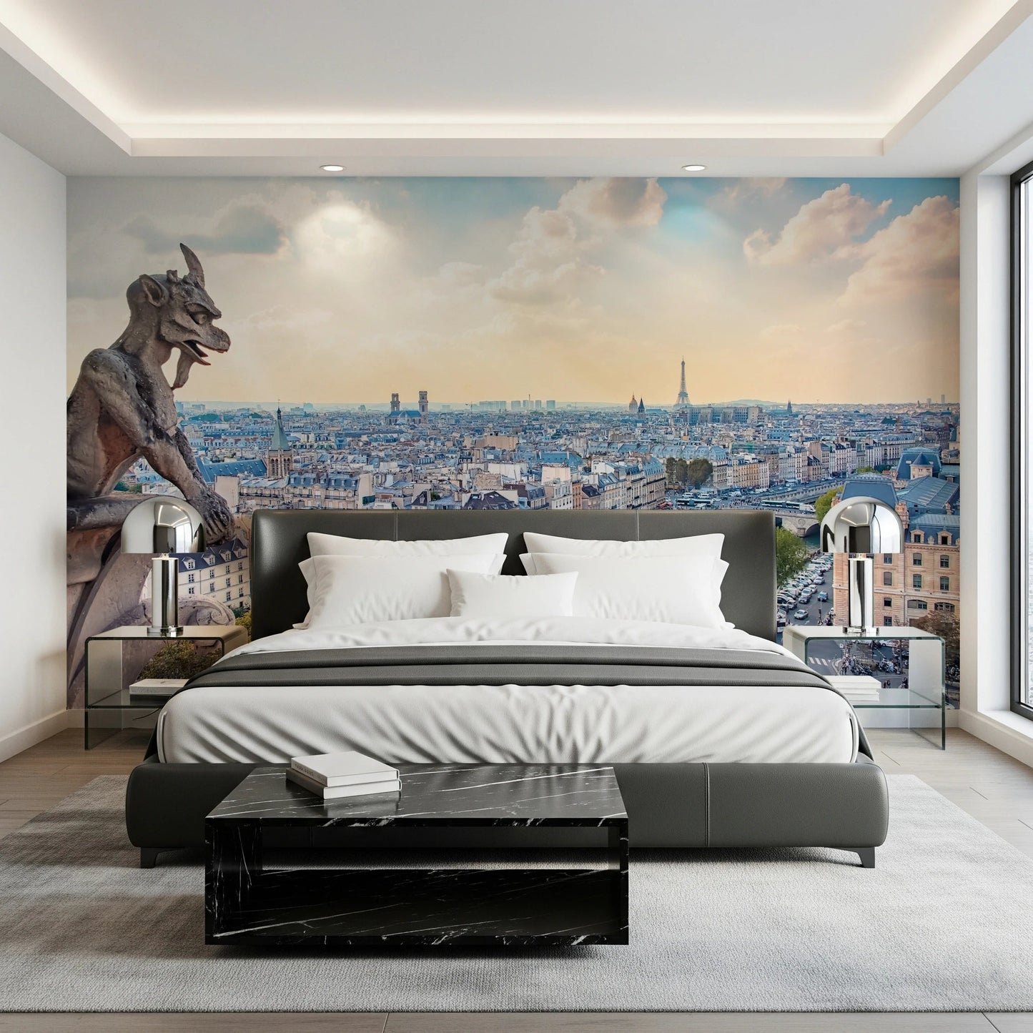 Classic stone guardian wallpaper with distant tower wall mural.