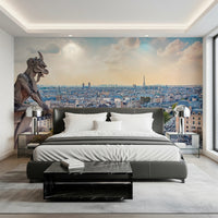 Classic stone guardian wallpaper with distant tower wall mural.