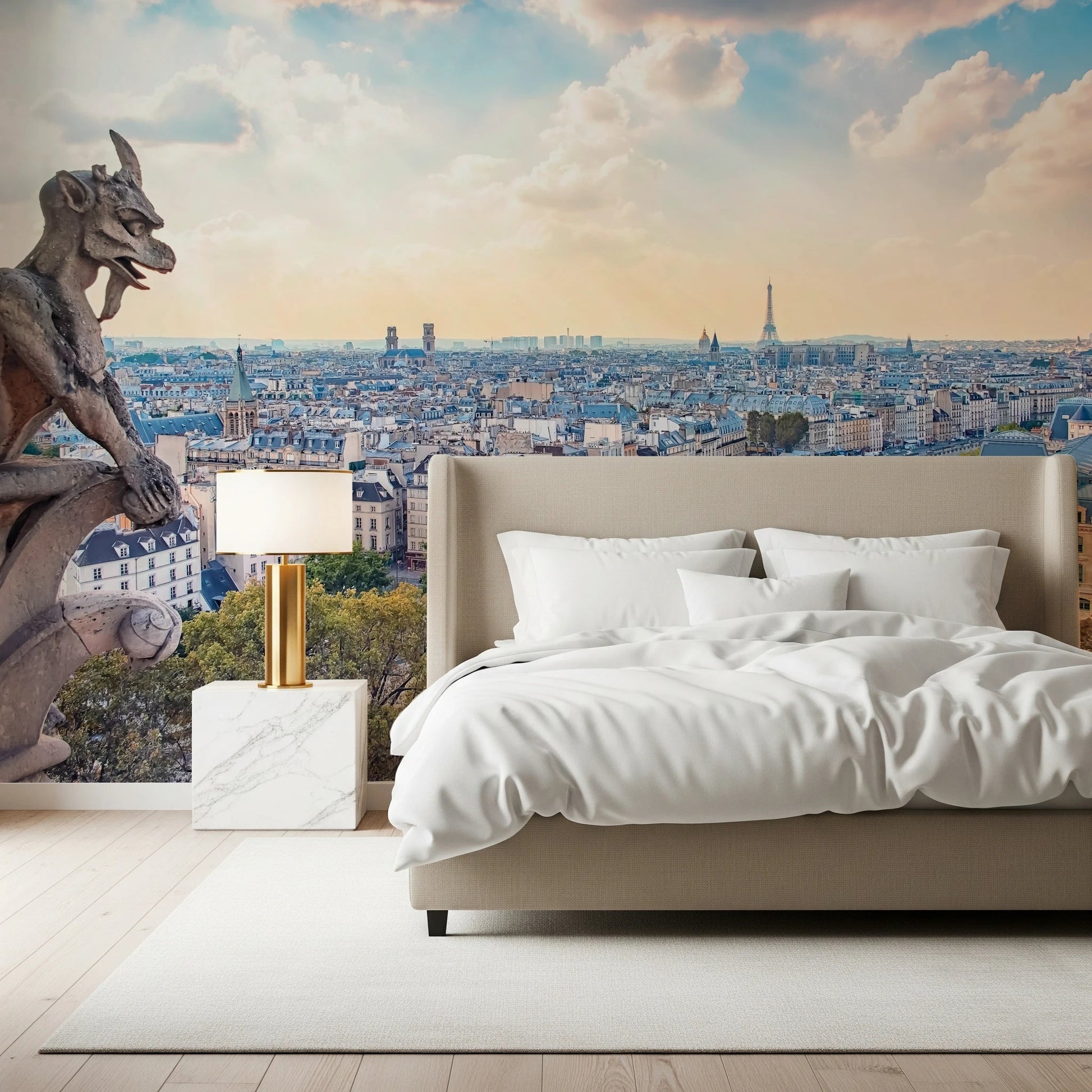 Ancient chimaera statue wall mural with hazy sunset city wallpaper.