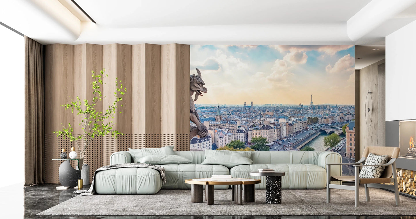 Stately stone gargoyle statue wall mural with panoramic city skyline.