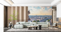 Stately stone gargoyle statue wall mural with panoramic city skyline.