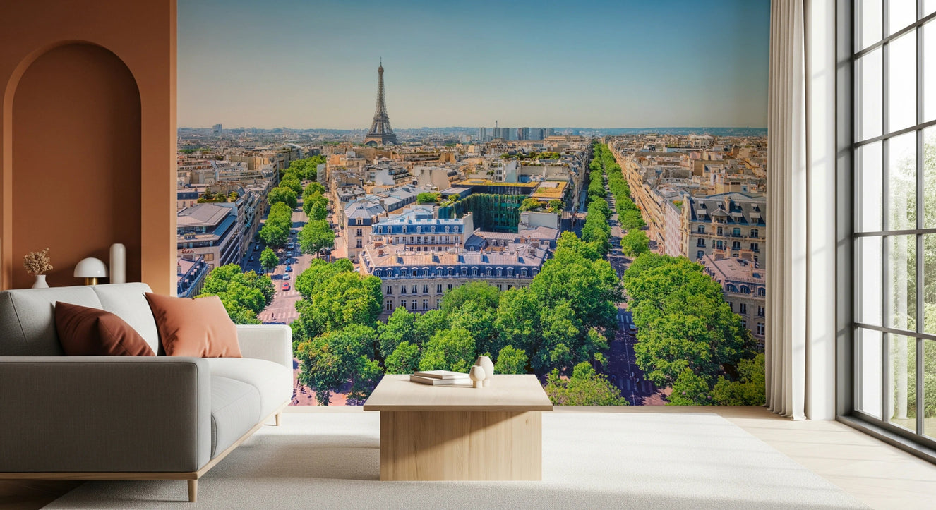 Parisian Heights Wall Mural in living room with Eiffel Tower skyline view