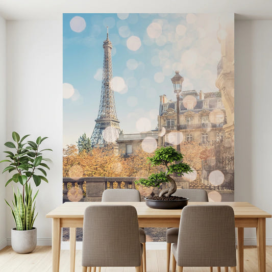 Eiffel Tower view from a sunny Paris street.