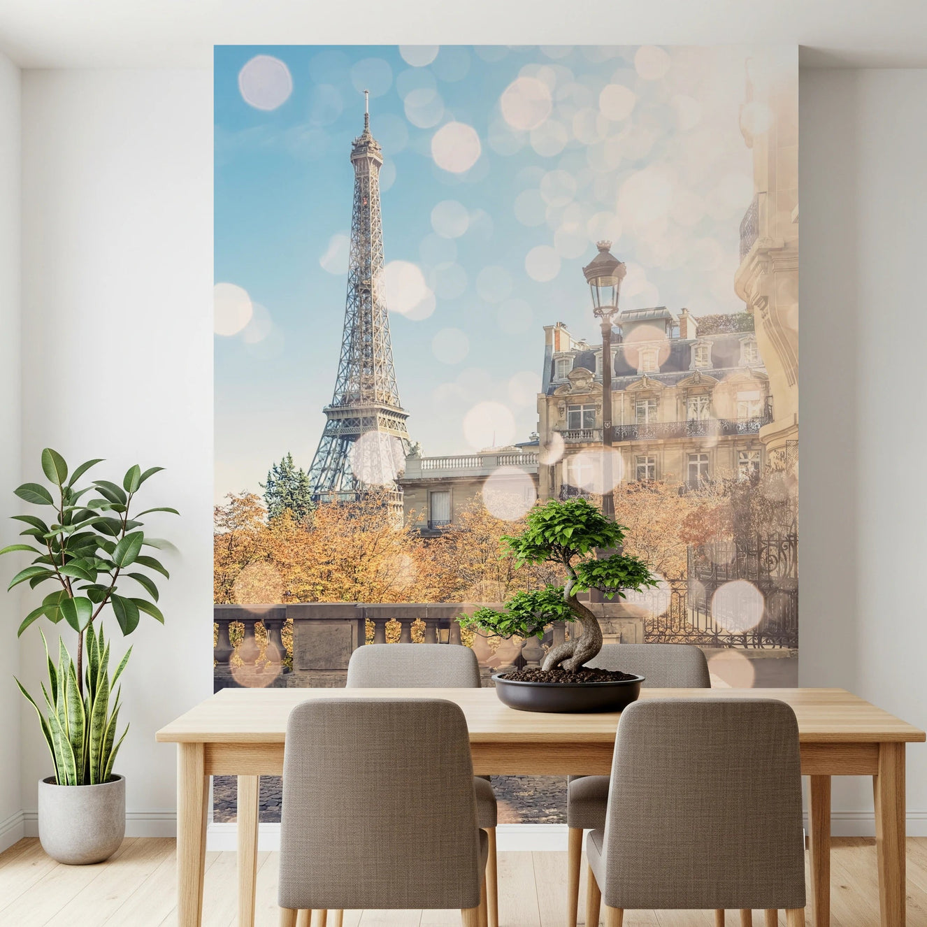 Eiffel Tower view from a sunny Paris street.