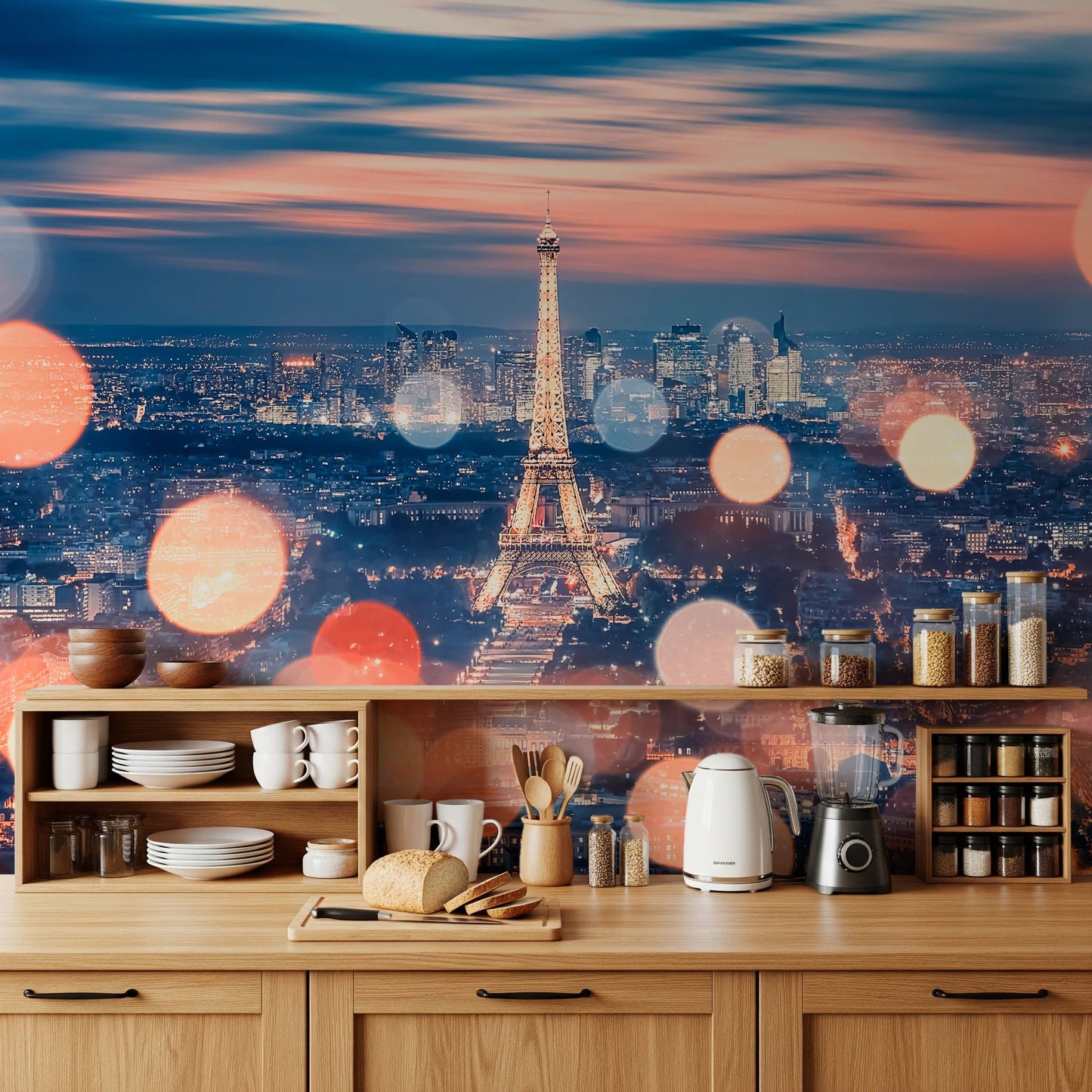 Romantic city view wallpaper for dining area with urban landscape.
