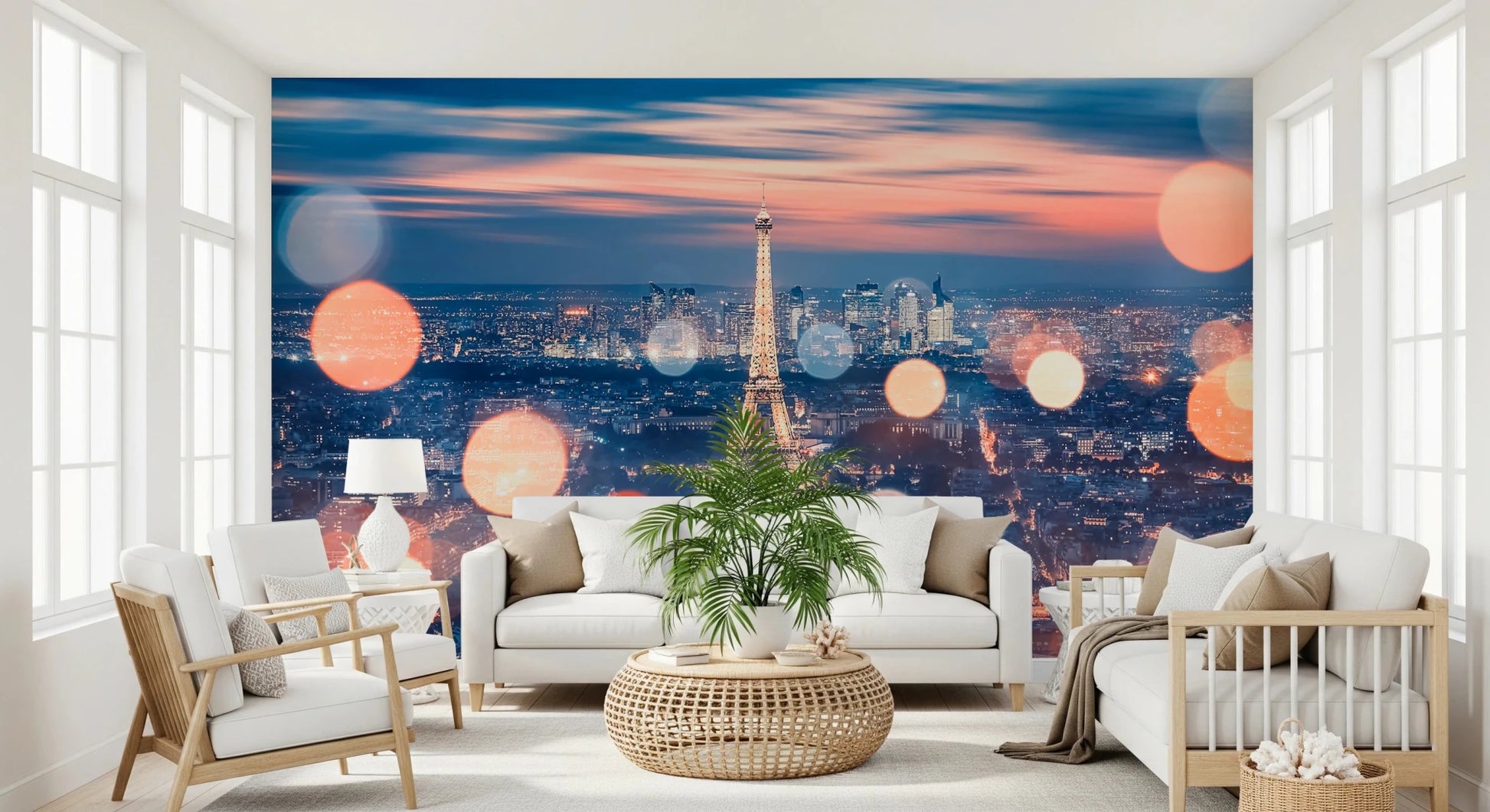 Eiffel Tower wallpaper for bedroom featuring evening bokeh light effects.