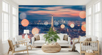 Eiffel Tower wallpaper for bedroom featuring evening bokeh light effects.