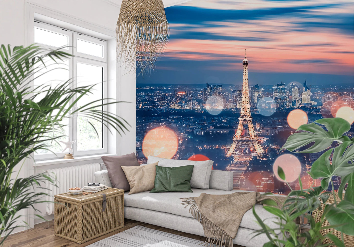 Parisian Lights Wall Mural in soft blue and warm orange tones for office.