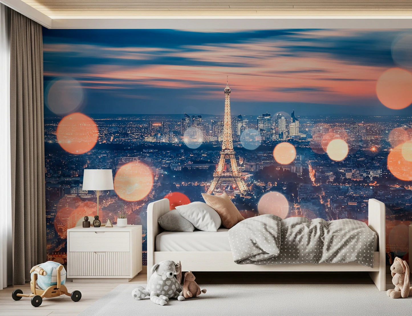 Cityscape wallpaper with night sky and illuminated tower for feature wall.