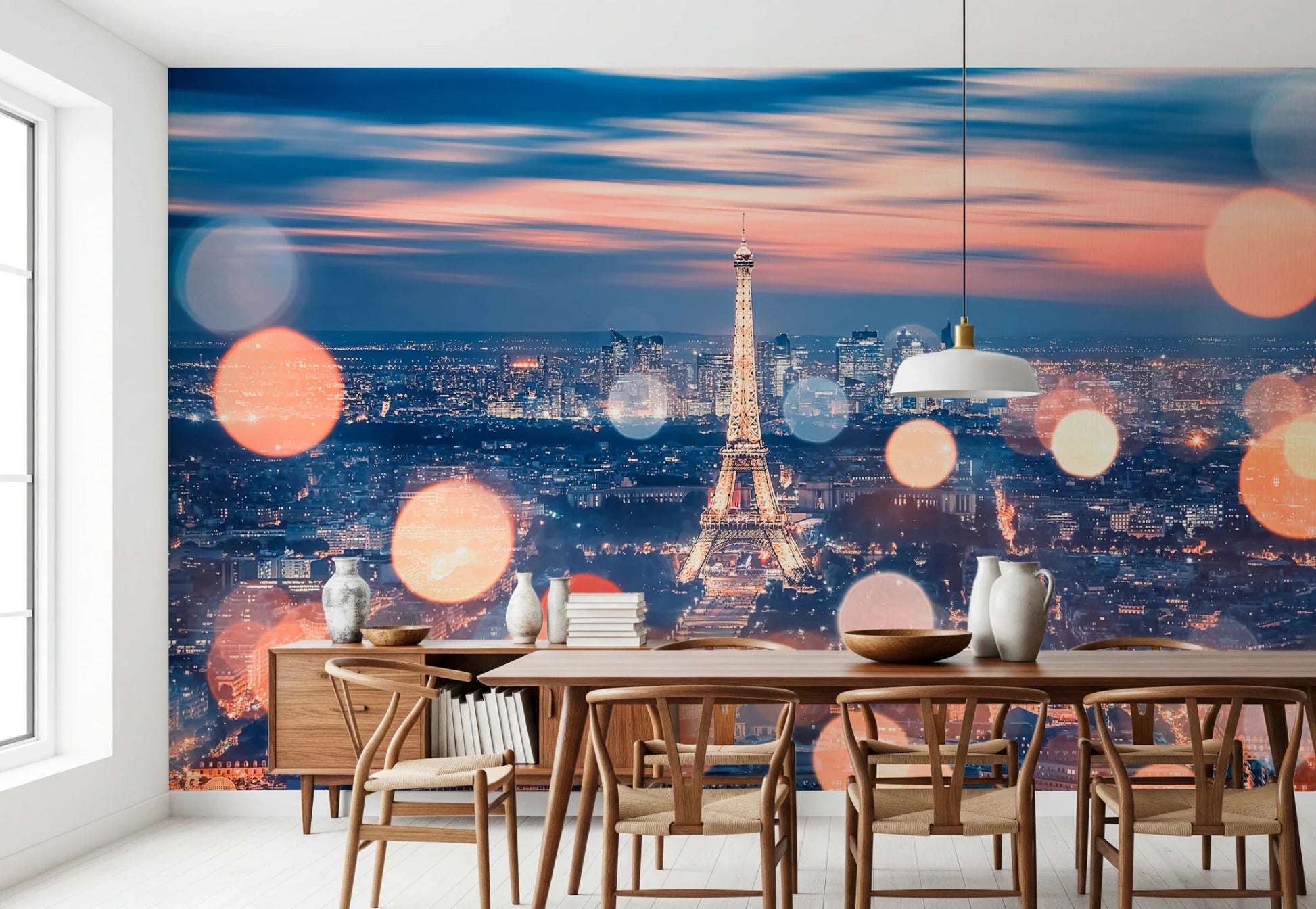 Parisian Lights Wall Mural for living room with glowing city view wallpaper.