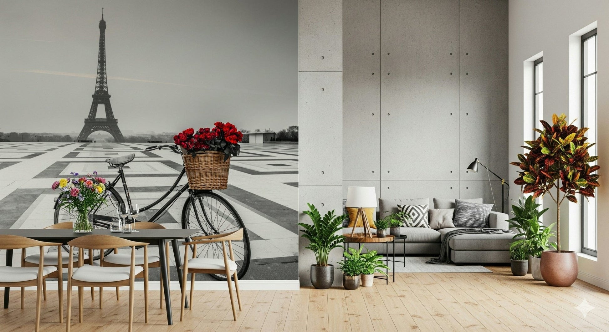 Iconic Eiffel Tower backdrop Parisian Love Story wall art.
