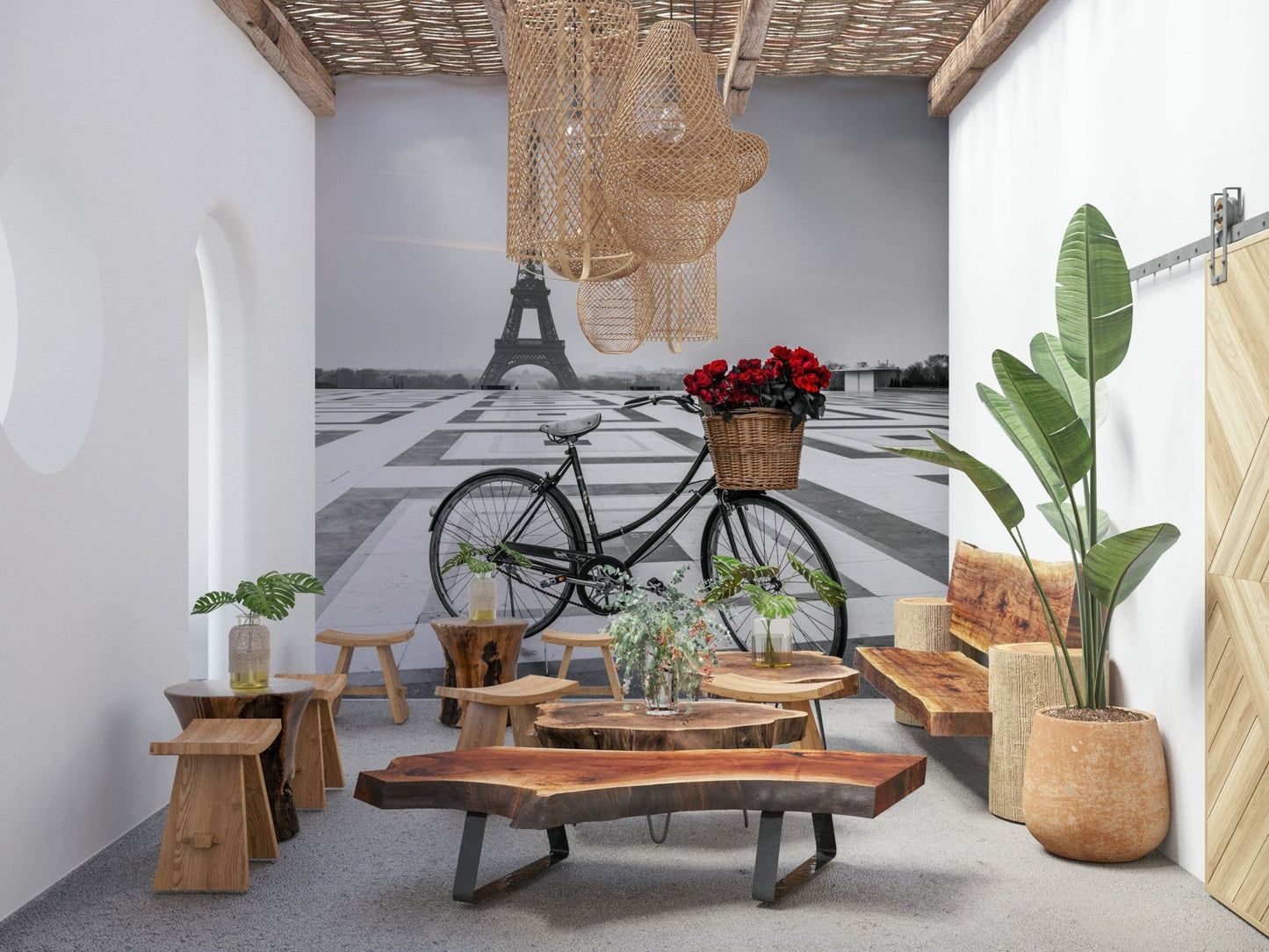 Wicker basket red roses Parisian Love Story bicycle wallpaper.