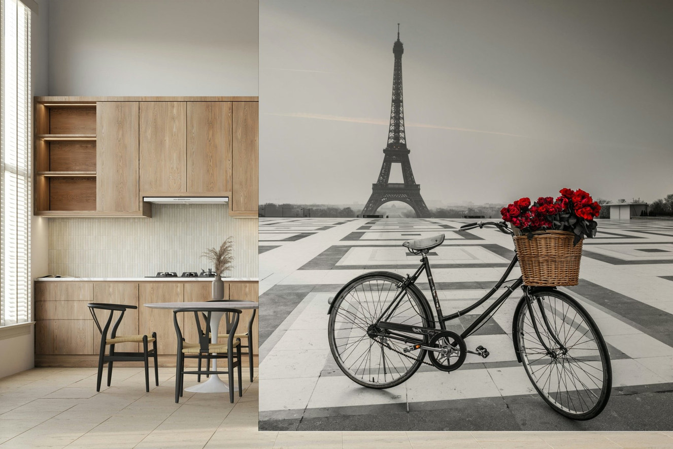 Parisian Love Story wallpaper wall mural bike Eiffel Tower.