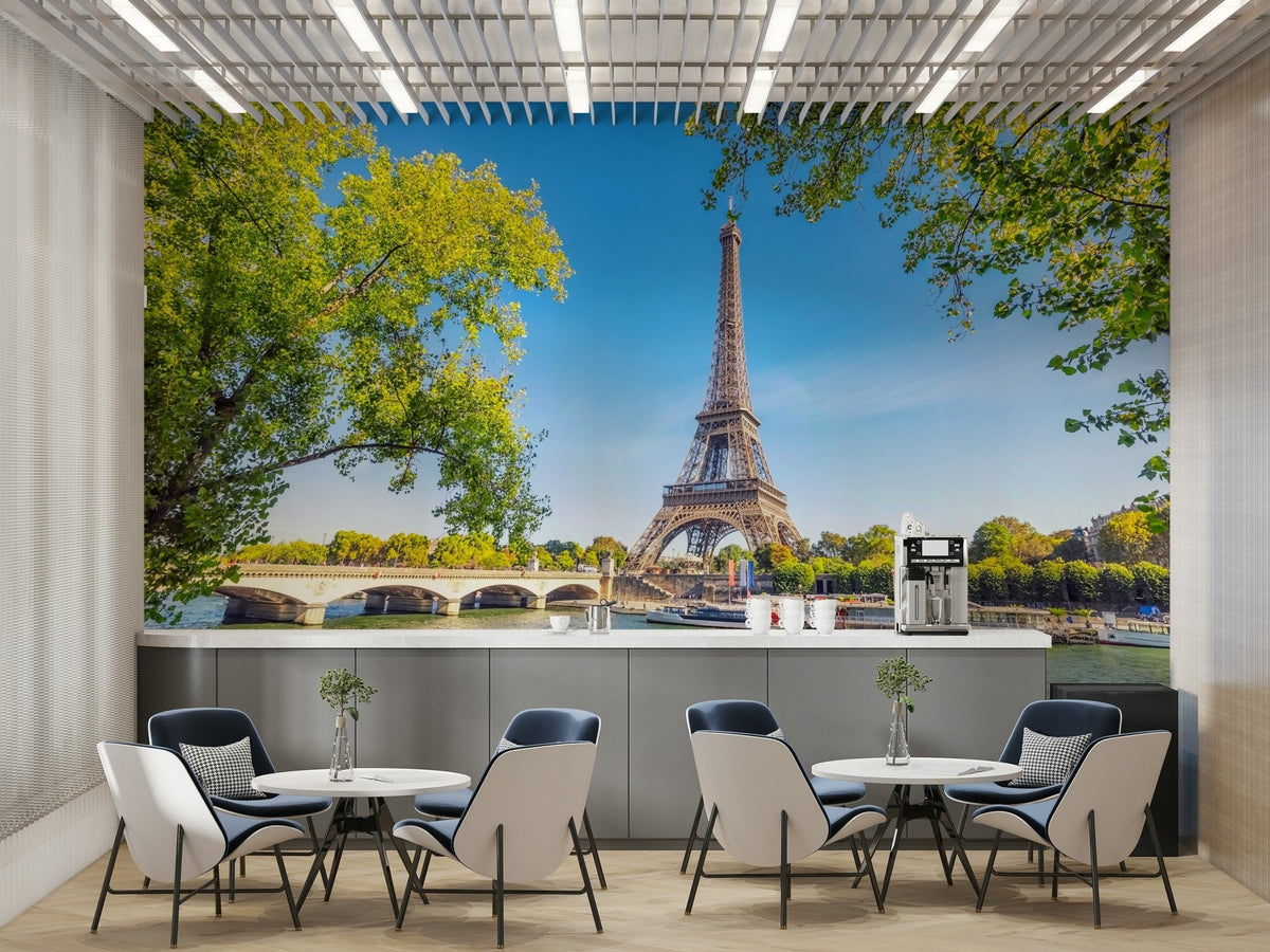 Parisian Majesty Wall Mural with Eiffel Tower and green trees GD5016