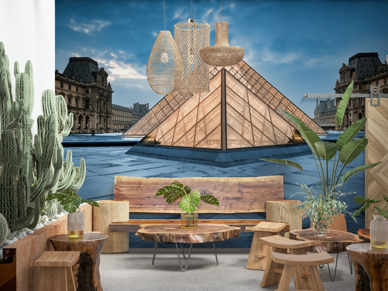 A beautiful abstract pyramid wallpaper mural inspired by modern Parisian architecture.