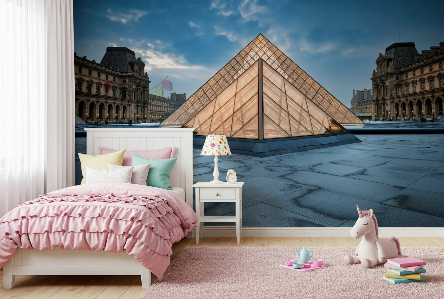 An artistic abstract shape mural on minimalist wallpaper.