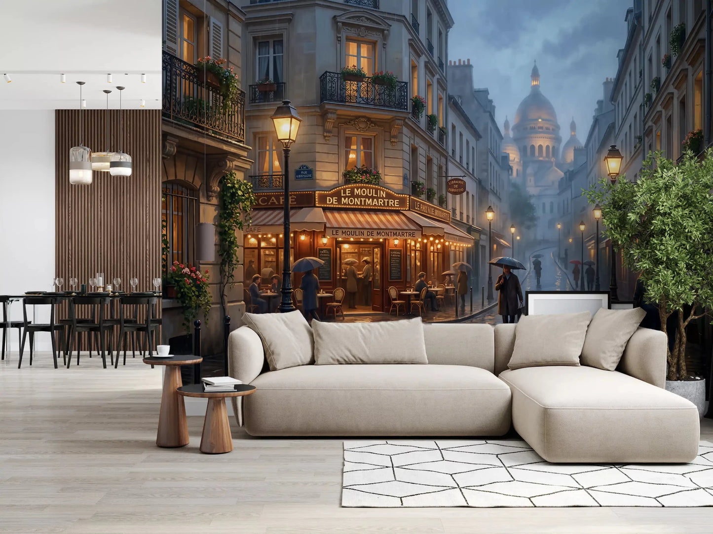 Living room shows the Montmartre café and dome scene as a wide wall mural
GD9507
