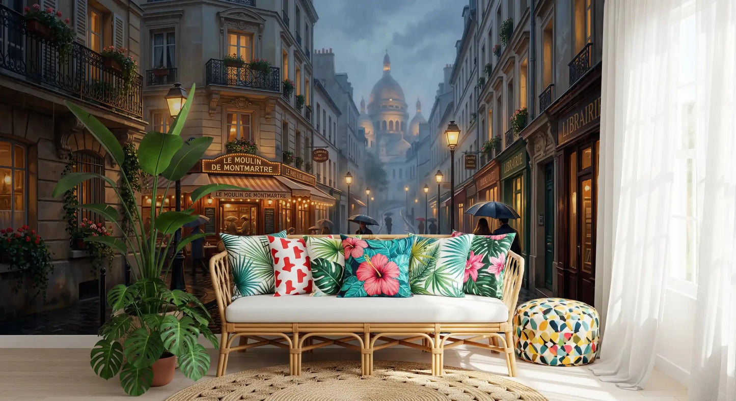 Hallway runs alongside the glowing Montmartre wall mural in a quiet gradient
GD9507