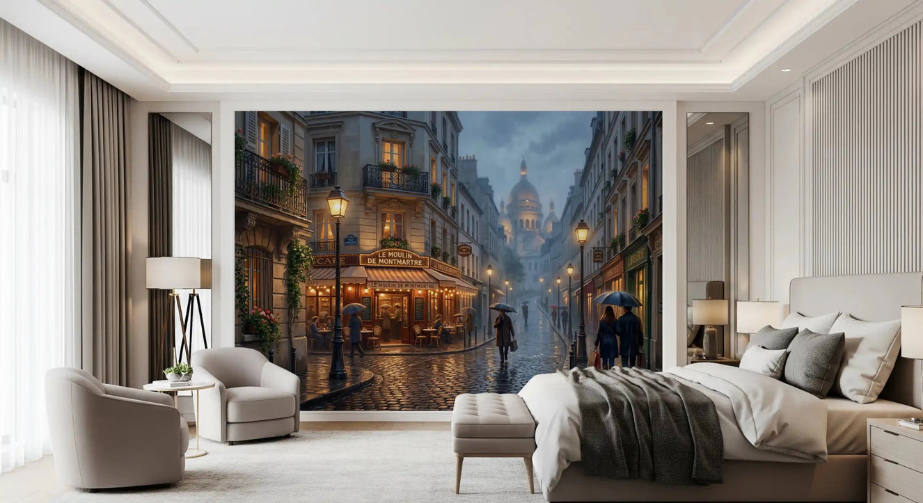Bedroom holds the Parisian Rain wall mural in soft evening tones
GD9507
