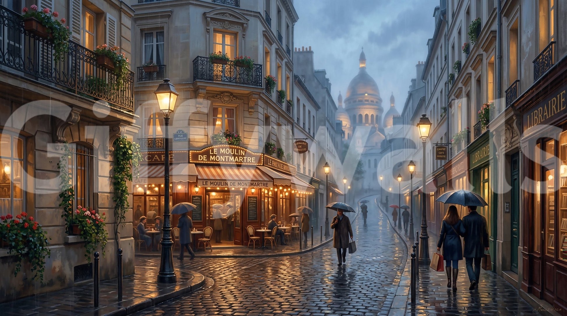 Lit lamplight pools on rain-slicked cobblestones across the Montmartre wall mural
GD9507