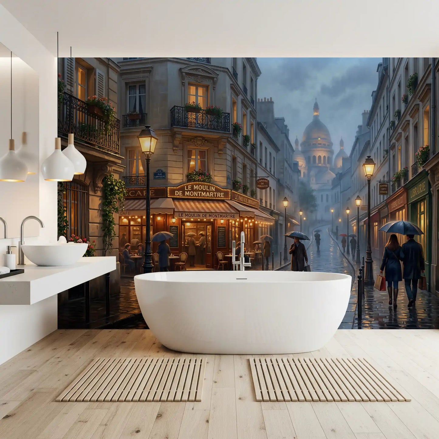 bathroom backed by the Parisian Rain Montmartre Glow wall mural at full scaleGD9507