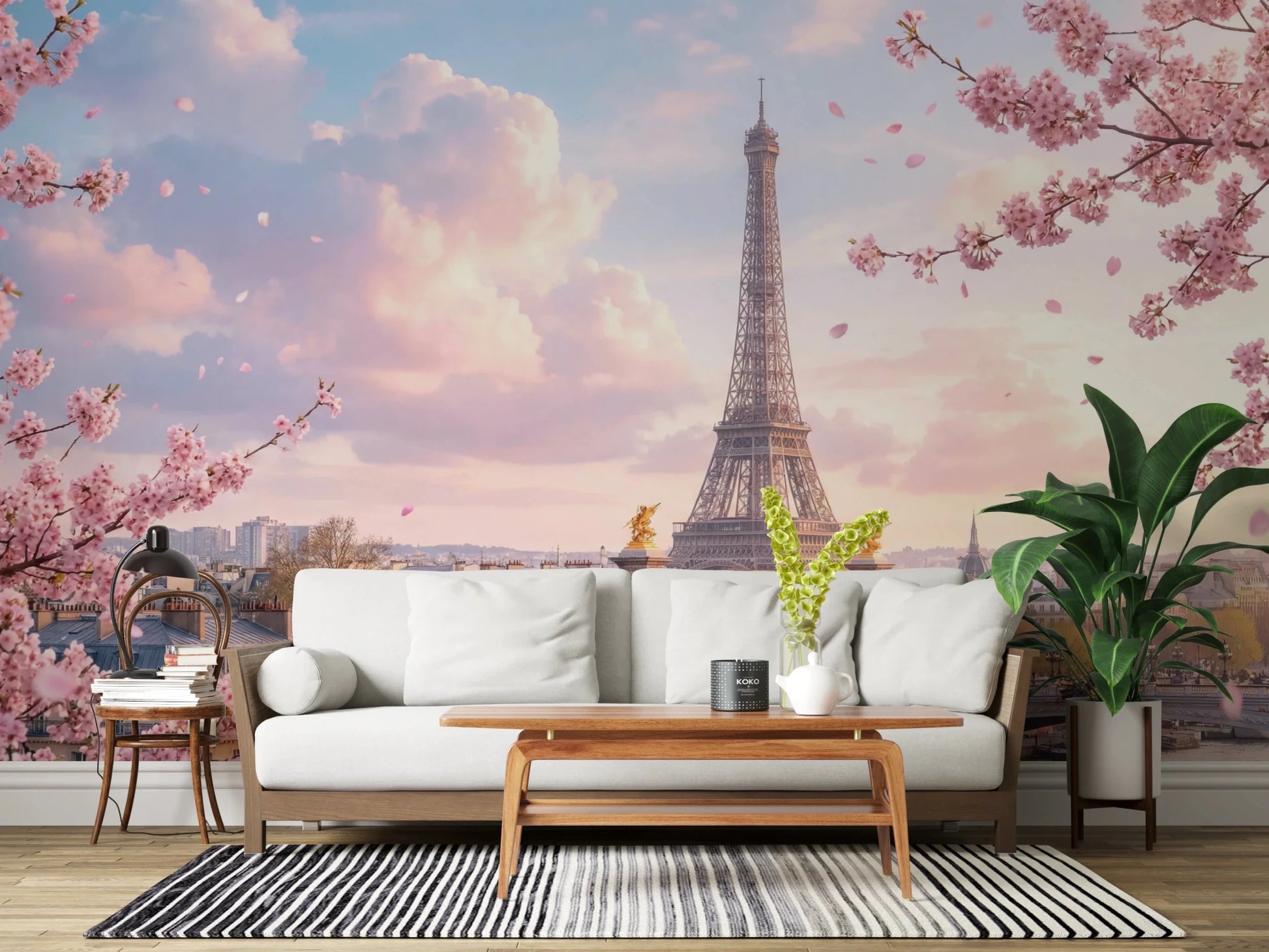 Console nook with Parisian Sakura Wall Mural and delicate sakura detail, GD8655