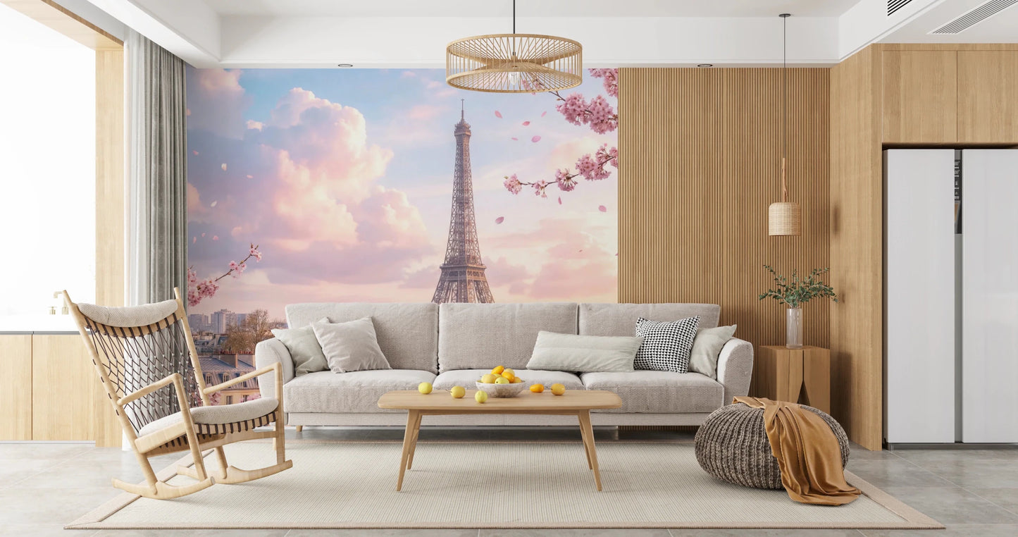 Sitting room with Parisian Sakura Wall Mural and a dreamy Paris backdrop, GD8655