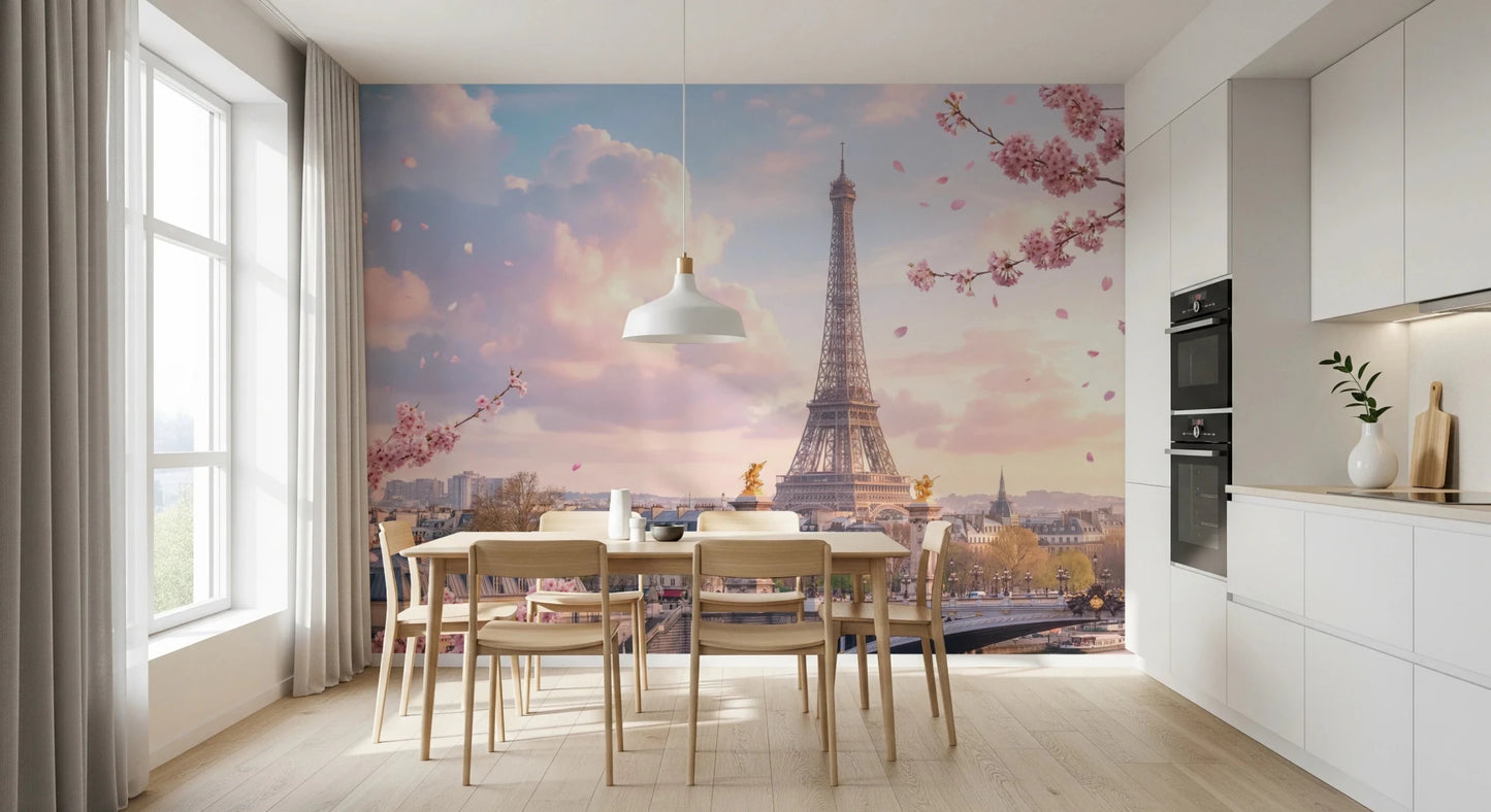 Dining nook with Parisian Sakura Wall Mural and a soft Eiffel view, GD8655