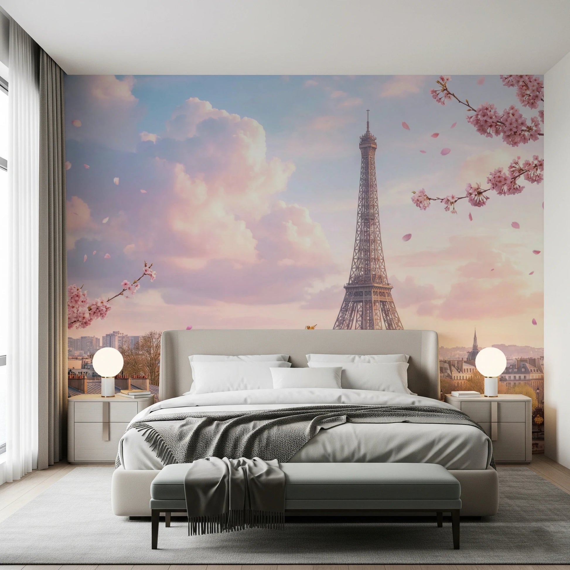 Bedroom with Parisian Sakura Wall Mural behind the bed in rosy sky shades, GD8655