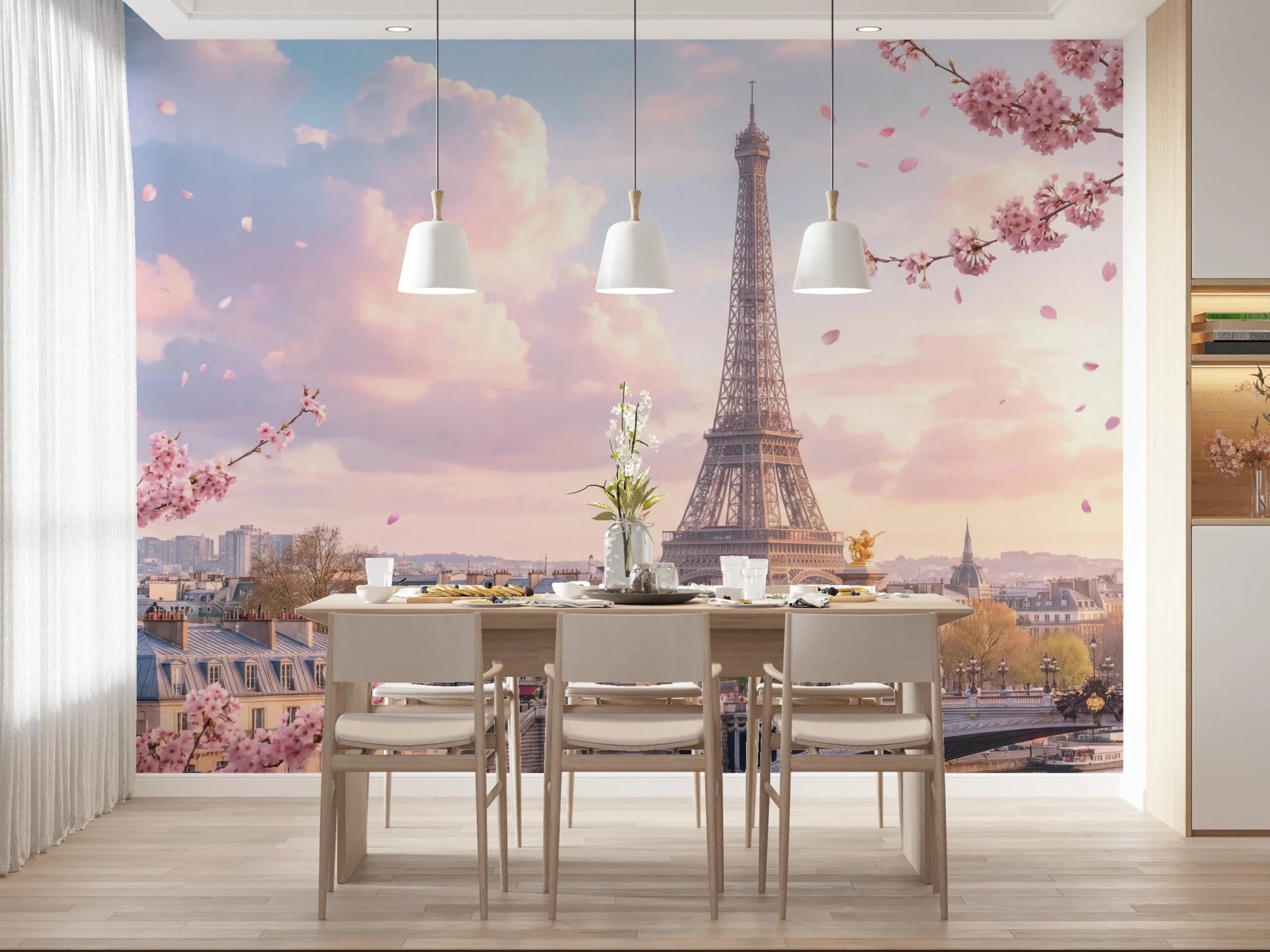 Dining room styled with Parisian Sakura Wall Mural and cherry blossom views, GD8655