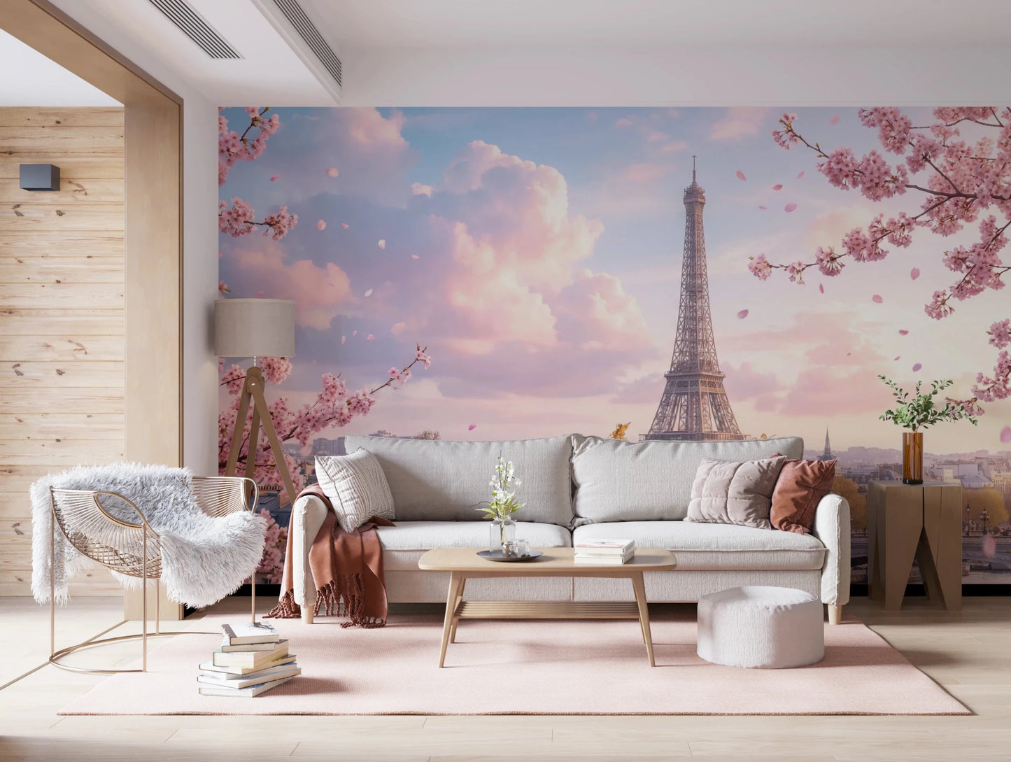 Living room corner with Parisian Sakura Wall Mural and pastel Paris scenery, GD8655